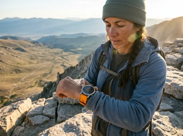 gps-hiking-watch-ridgeline-hero Hiker checking a Garmin Fenix 8 GPS hiking watch on a ridgeline at golden hour