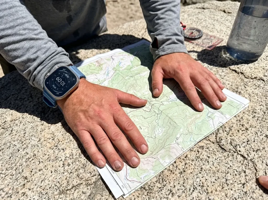 Apple Watch Ultra 3 showing an offline topo map next to a paper map on a rock