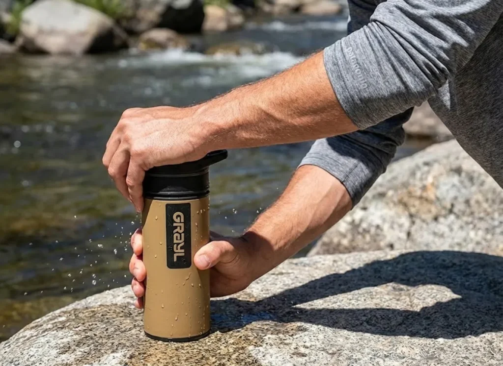 Close up of a hiker's hands pressing a Grayl Geopress water purifier on a granite rock, showcasing the filtration mechanism in action.
