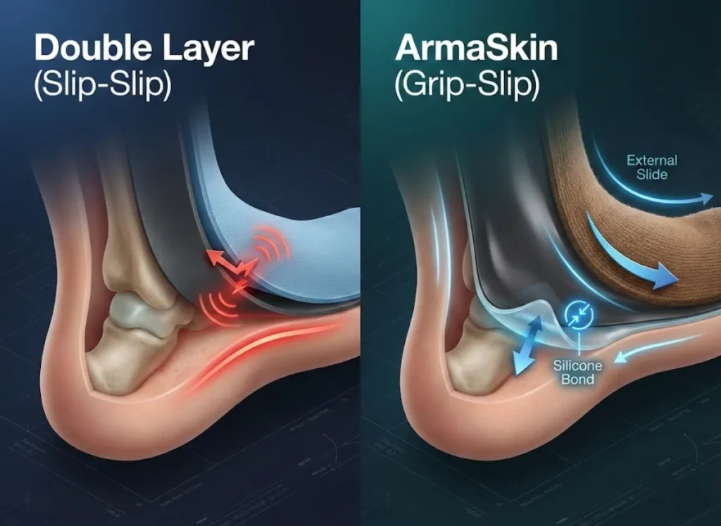 A split-screen 3D cross-section illustration comparing hiking sock technologies. The left side shows traditional double layers causing friction on the skin. The right side shows ArmaSkin technology with a silicone inner coating gripping the skin while the outer surface slides against the sock, preventing blisters.
