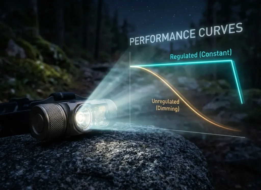 A cinematic 3D visualization of a headlamp resting on dark rock, projecting a holographic line graph into the air. The graph compares a flat, steady blue line labeled 'Regulated' against a curving, dropping orange line labeled 'Unregulated', illustrating battery performance over time.