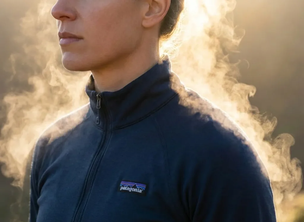 Backlit photo of a hiker in a Patagonia base layer, with visible steam rising from their shoulders to illustrate rapid heat loss and evaporation in cold air.