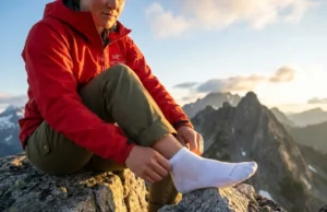 The Hiking Fabric Friction Index: Understanding Skin Liner Coefficients A professional hiker on a granite ridge adjusting a white technical liner sock, with golden hour lighting highlighting the texture of the fabric and high-end outdoor apparel.