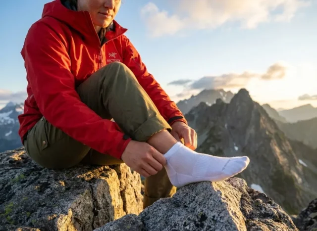 hiking-fabric-friction-index-liner-socks-coefficients A professional hiker on a granite ridge adjusting a white technical liner sock, with golden hour lighting highlighting the texture of the fabric and high-end outdoor apparel.