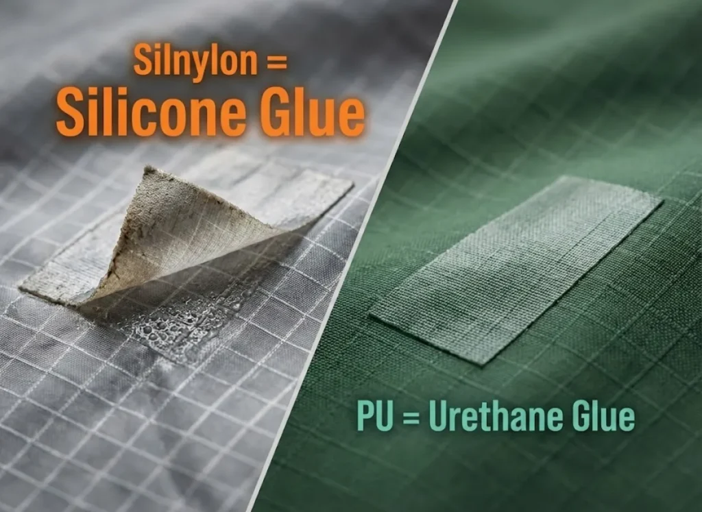 A split-screen macro visualization comparing hiking gear repair patches. On the left, a patch peels off sleek Silnylon fabric with the text "Silnylon = Silicone Glue". On the right, a patch bonds perfectly to textured PU fabric with the text "PU = Urethane Glue". The style is hyper-realistic and scientific.