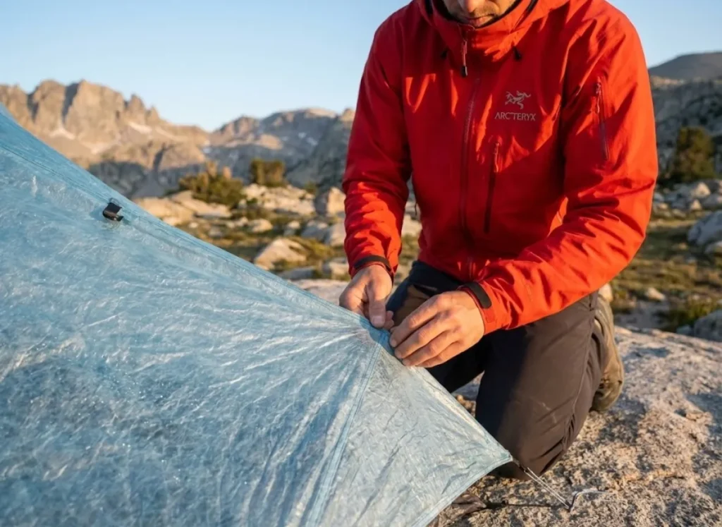 A professional hiker in an Arc'teryx jacket performing a field repair on a Zpacks Dyneema tent in a high-alpine granite landscape during golden hour.