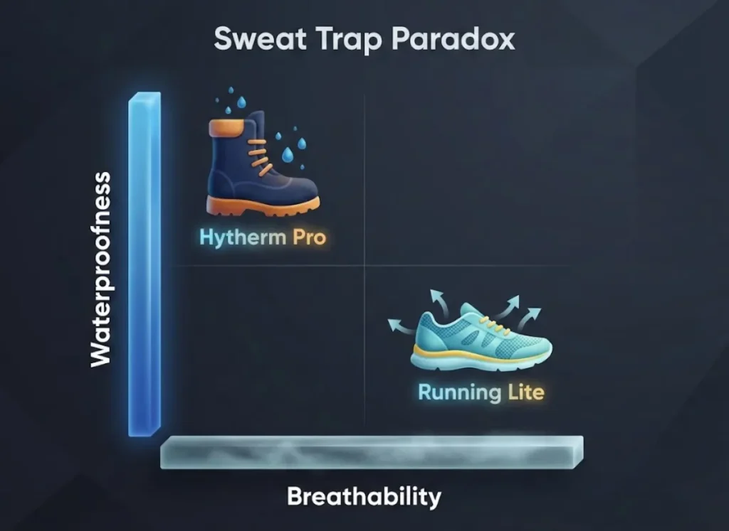 A premium 3D isometric scatter plot chart visualizing the trade-off between Waterproofness and Breathability in hiking gear, featuring data points for Hytherm Pro and Running Lite socks.
