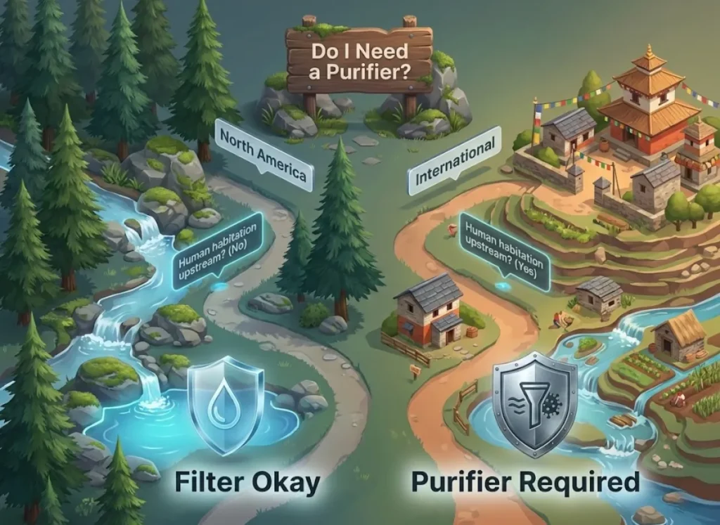 A stunning 3D isometric decision tree illustrated as a winding hiking trail. The path splits between a pristine North American forest and a populated international village, guiding hikers on whether to use a standard filter or a viral purifier based on location and human habitation risks.