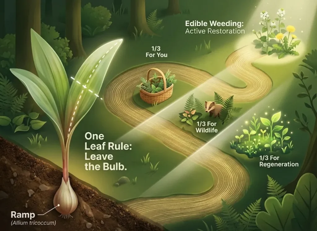 A premium editorial infographic titled 'Honorable Harvest' set in a lush forest. The visual demonstrates the 'Rule of Thirds' foraging ethic (sharing with wildlife and regeneration) and a detailed cross-section of a Ramp plant illustrating the 'One Leaf Rule' to protect the bulb. The style is a fusion of 3D realism and clean vector typography.