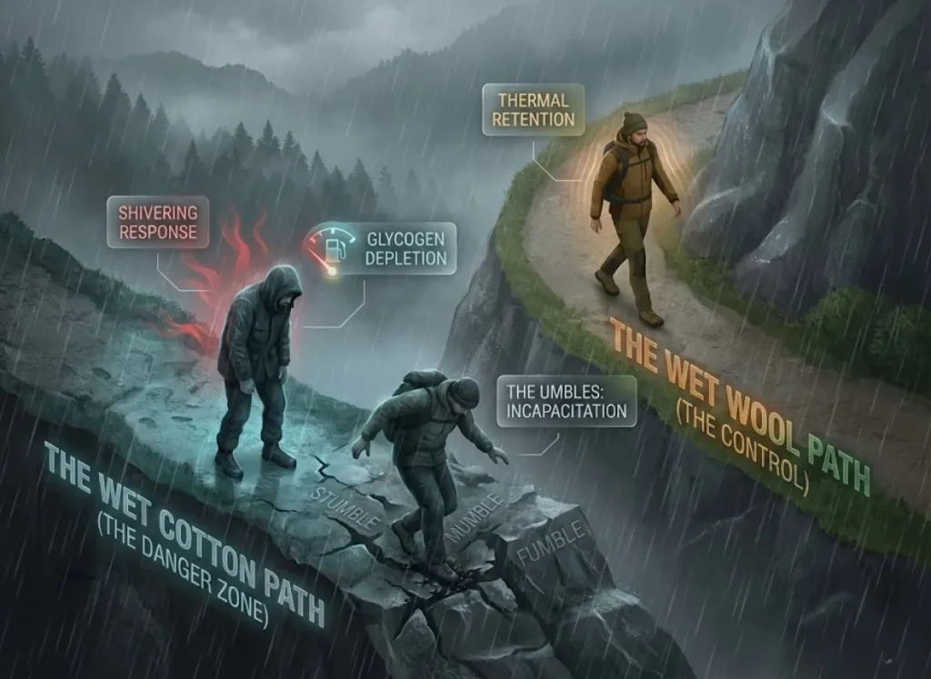 A split-screen infographic timeline titled "The Hypothermia Timeline," contrasting a hiker in wet cotton versus wet wool in a cold 50°F environment. The cotton path shows rapid decline with labels for shivering, glycogen depletion, and "The Umbles," while the wool path remains stable.