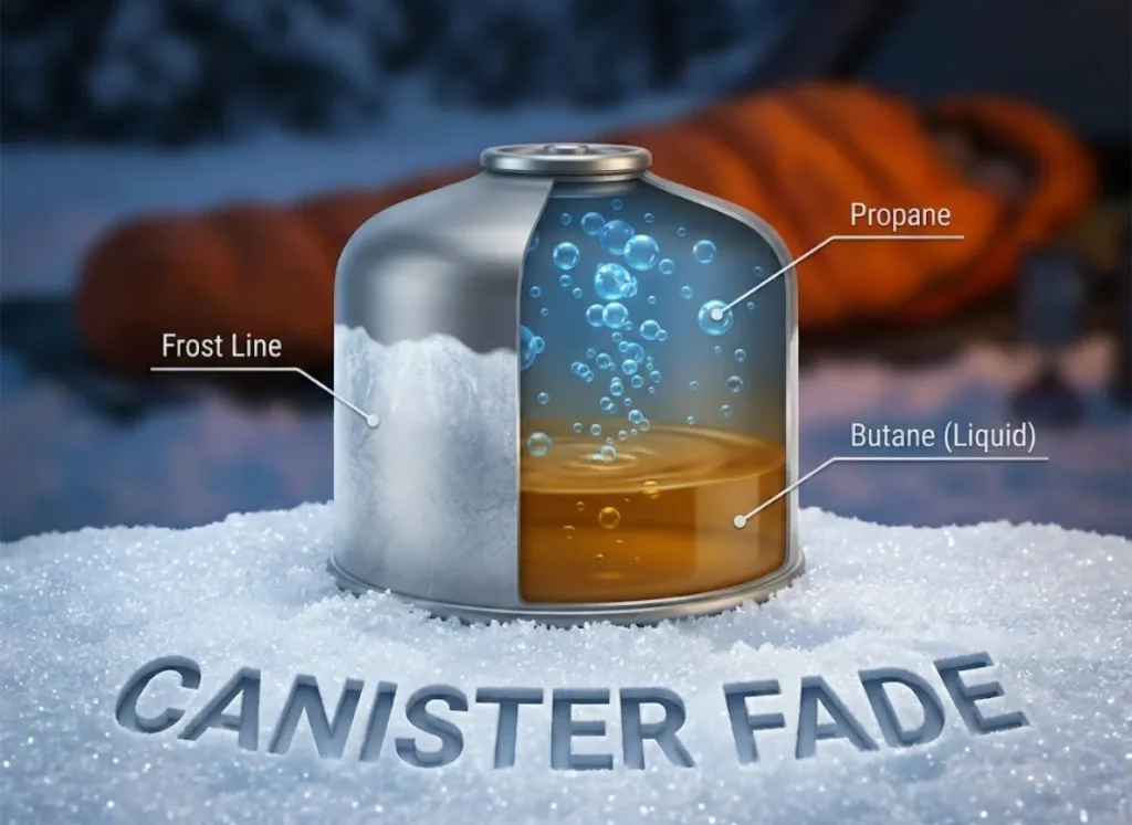 A 3D cut-away illustration of a camping gas canister sitting in snow, showing the separation of fuels inside. Blue propane gas rises while heavy butane liquid sits at the bottom. Text labels identify the fuels and the phenomenon "Canister Fade."
