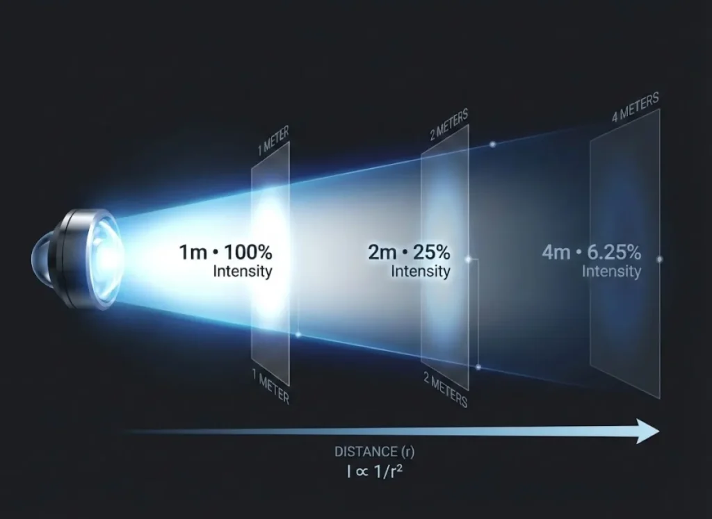 A stylized infographic illustrating the Inverse Square Law of light. A headlamp beam travels from left to right, showing intensity dropping from 100% at 1 meter, to 25% at 2 meters, and 6.25% at 4 meters, visualized through fading volumetric light and floating text labels.