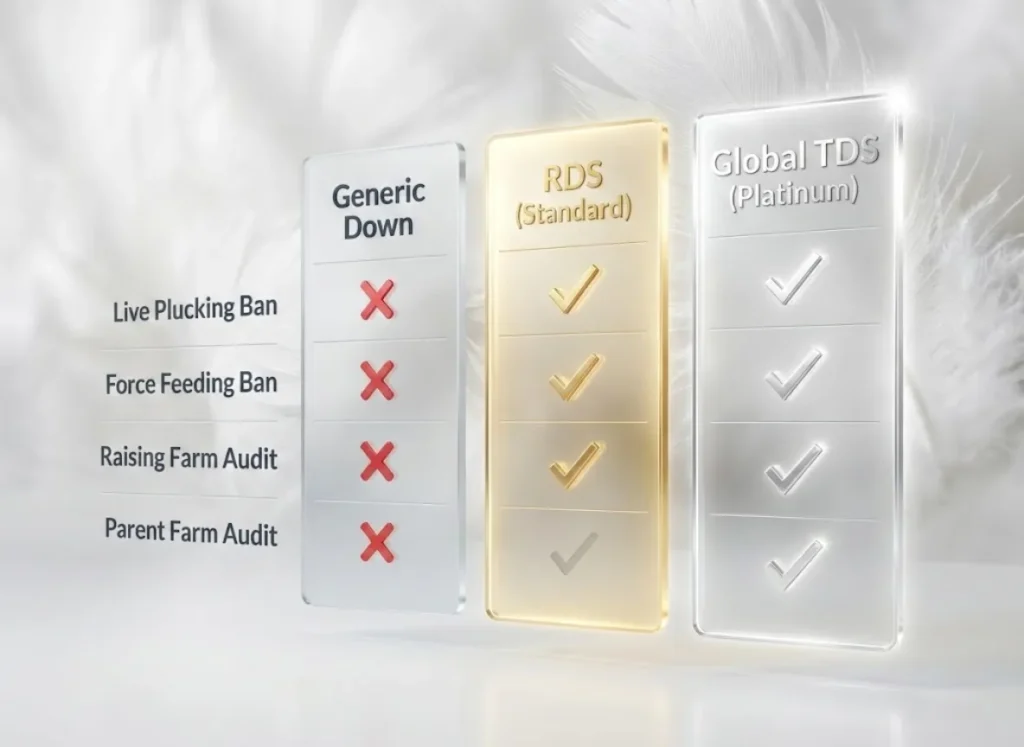 A high-end 3D comparison chart illustrating the differences between Generic Down, RDS, and Global TDS standards. It visually highlights that while RDS is the Gold Standard, Global TDS is the Platinum Standard due to its inclusion of Parent Farm Audits.