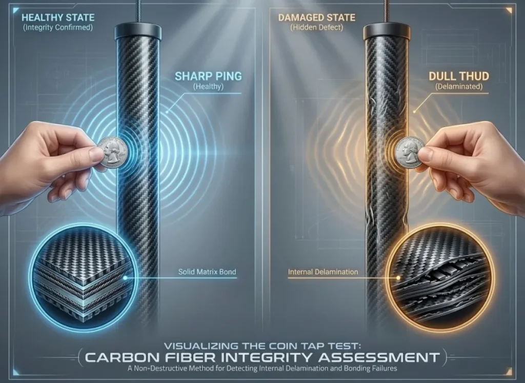 A comparative infographic illustrating the "Coin Tap Test" for carbon fiber poles. On the left, a quarter taps a healthy pole, producing sharp blue sound waves labeled "SHARP PING," with a cross-section showing solid internal layers. On the right, a quarter taps a damaged pole, producing dull orange sound waves labeled "DULL THUD," with a cross-section revealing internal delamination gaps.