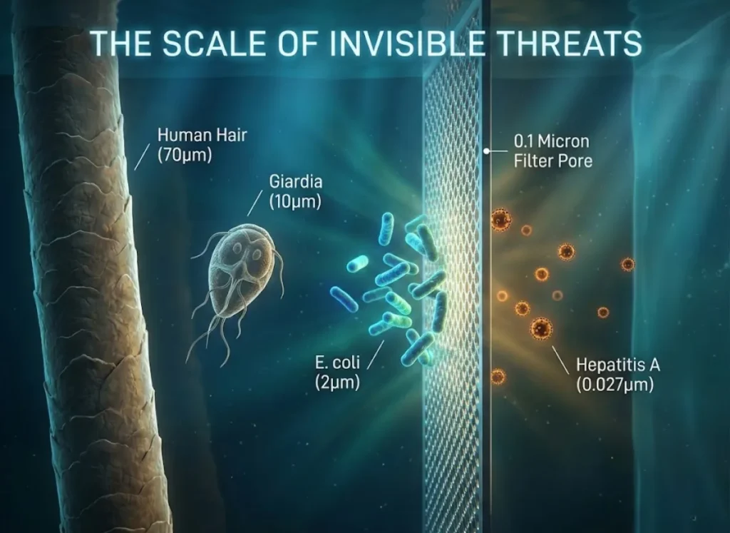 A 3D microscopic infographic titled 'The Scale of Invisible Threats' comparing the relative sizes of a human hair, Giardia, E. coli, a water filter pore, and the Hepatitis A virus, showing the virus slipping through the filter.