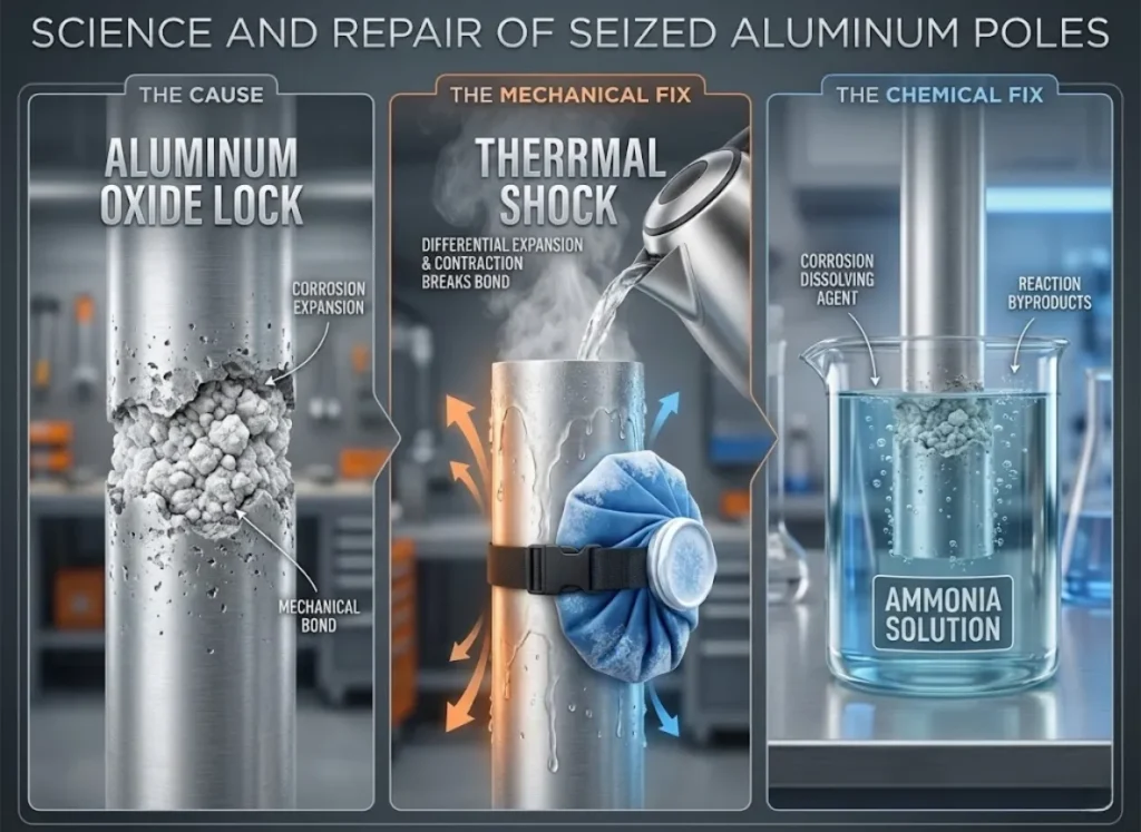 A three-part instructional illustration showing how to fix seized aluminum poles. Left: A cross-section of a pole joint blocked by white aluminum oxide. Center: Boiling water being poured over the joint for thermal shock. Right: The pole soaking in a container of ammonia.