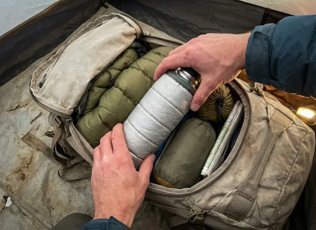A hiker packing an insulated water bottle deep inside a backpack surrounded by a down jacket.