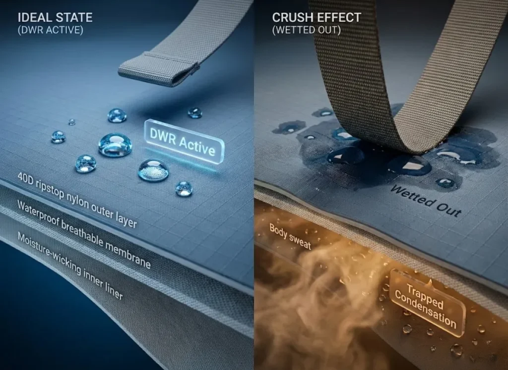 A split-screen educational diagram showing a cross-section of waterproof fabric. Left side: Water beading on the surface under a light strap load. Right side: A heavy strap crushing the fabric, causing water saturation and trapping internal sweat vapor.
