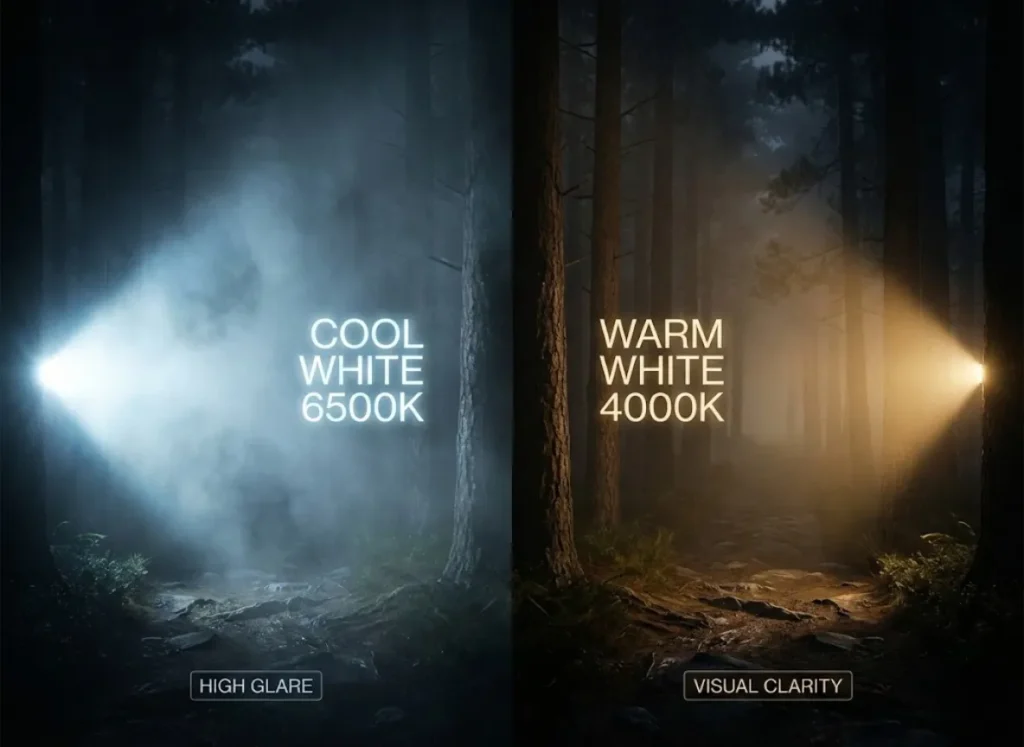 A split-screen editorial illustration comparing light beams in fog; the left side shows blinding glare from a cool white 6500K LED, while the right side shows clear visibility from a warm white 4000K LED cutting through the mist.