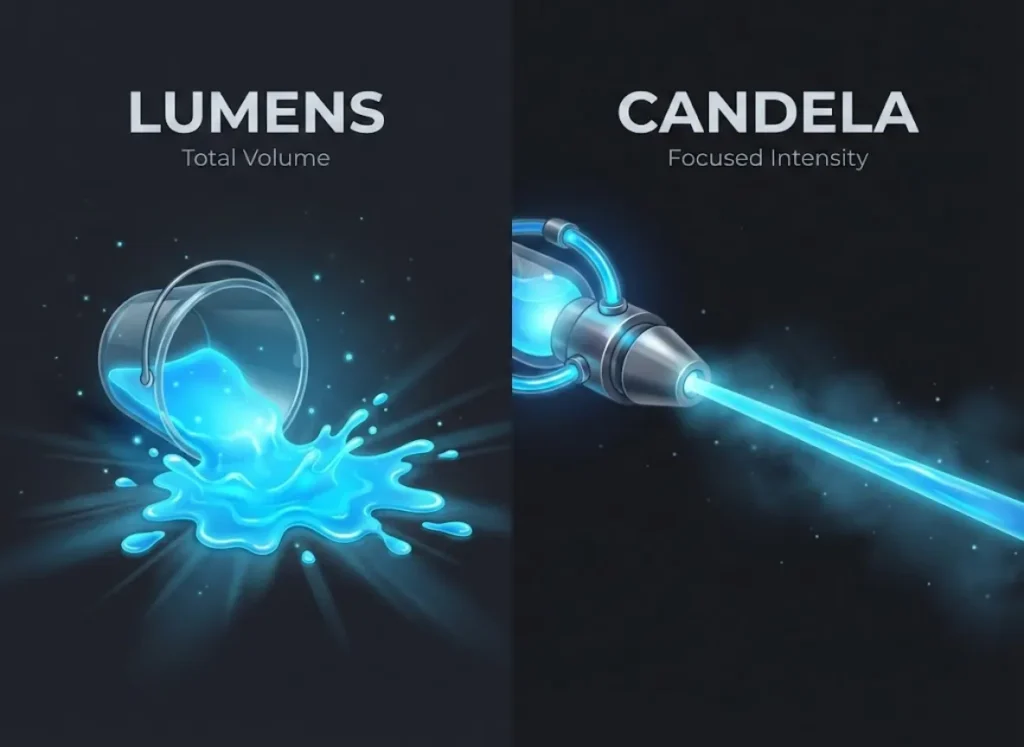 A comparative editorial illustration visualizing the difference between Lumens and Candela. On the left, a bucket spills glowing liquid light representing Lumens (total volume); on the right, a high-tech nozzle shoots a concentrated beam of the same liquid representing Candela (intensity).