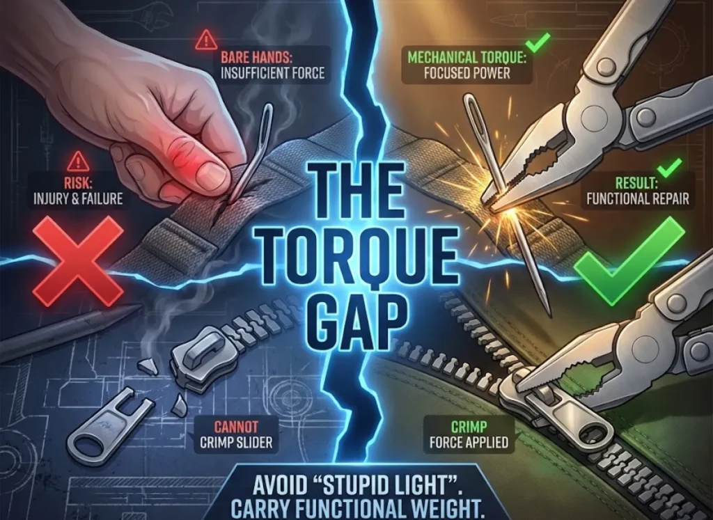 A split-panel infographic titled "THE TORQUE GAP". The left side, marked with a red 'X' and labeled "BARE HANDS: INSUFFICIENT FORCE", shows a strained hand unsuccessfully pushing a bent needle into thick webbing, alongside a broken zipper slider. The right side, marked with a green check and labeled "MECHANICAL TORQUE: FOCUSED POWER", shows multitool pliers easily driving a needle through the same webbing and crimping a zipper slider. A central fissure divides the two scenes. At the bottom, text reads: 'AVOID "STUPID LIGHT". CARRY FUNCTIONAL WEIGHT.'