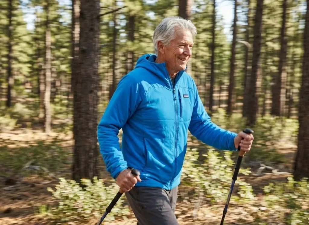 Panning shot of an active senior hiker moving rhythmically with trekking poles through a sun-dappled forest, capturing confidence and fluid motion.