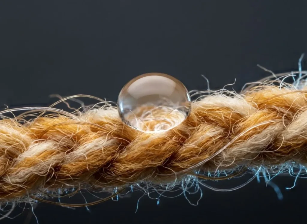 Extreme macro photography of Icebreaker merino wool fibers showing the natural crimp and a water droplet resting on top of the weave without soaking in.