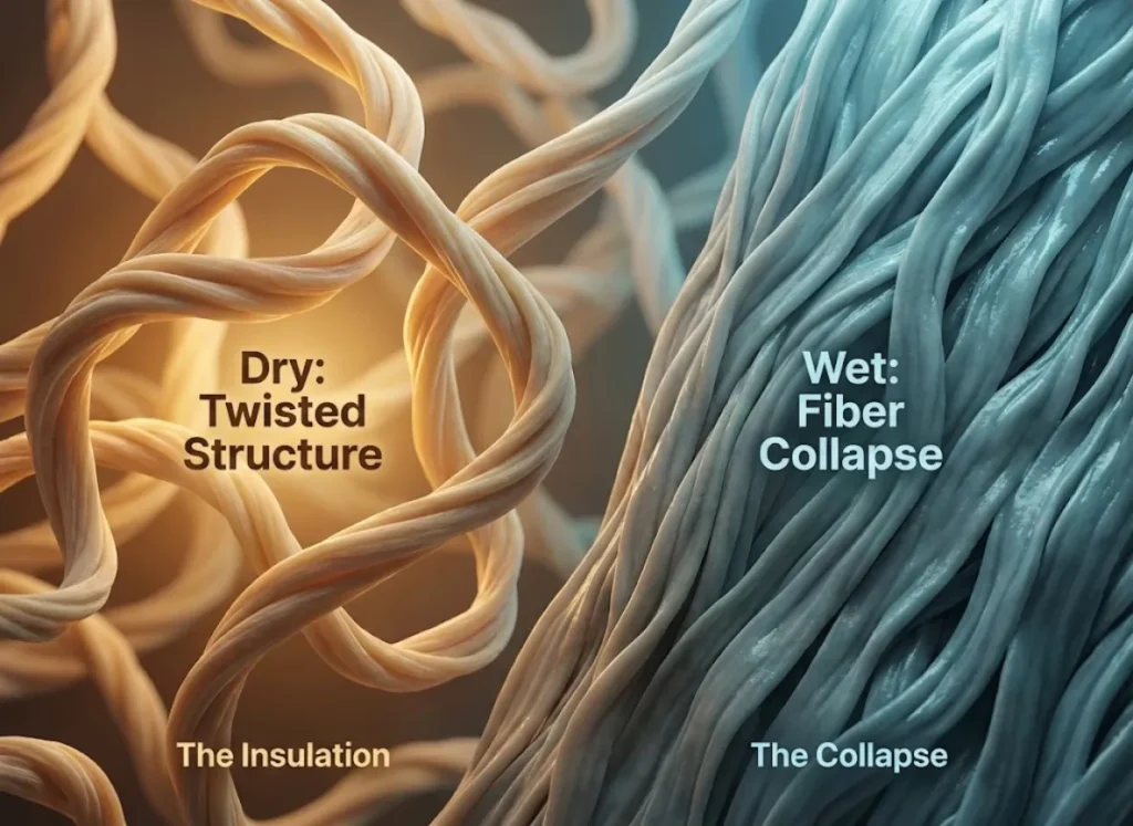 A high-definition split-screen microscopic visualization showing the structural difference between dry cotton fibers (twisted ribbons with air gaps) and wet cotton fibers (flattened, collapsed slabs), illustrating the mechanism of heat loss.