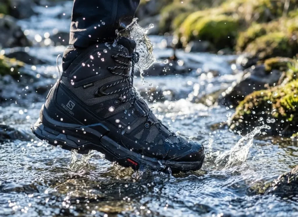 Close-up action shot of a Salomon hiking boot stepping into a stream, with water droplets beading on the surface, highlighting moisture management in hiking.
