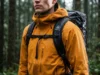 Pack Weight vs. Hydrostatic Head Waterproof Ratings Close-up of a hiker wearing an Arc'teryx jacket and Hyperlite backpack in heavy rain, highlighting the pressure of the shoulder straps against the waterproof fabric.