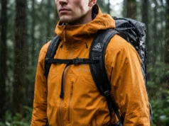 Pack Weight vs. Hydrostatic Head Waterproof Ratings Close-up of a hiker wearing an Arc'teryx jacket and Hyperlite backpack in heavy rain, highlighting the pressure of the shoulder straps against the waterproof fabric.