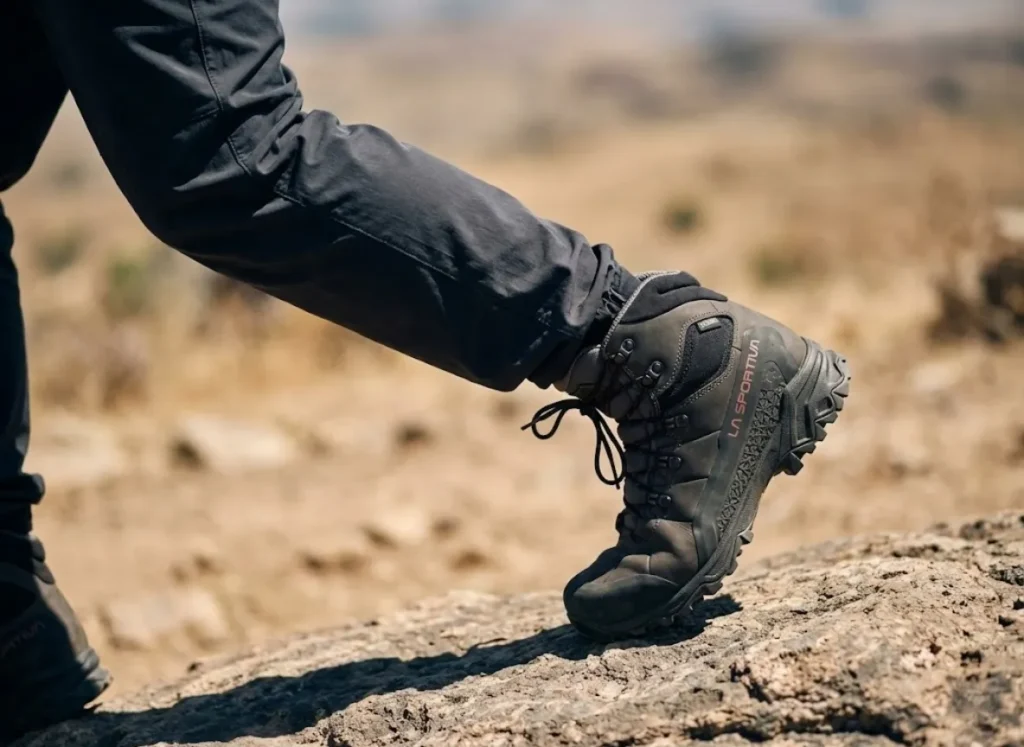 Close-up of a La Sportiva hiking boot striking a rock, emphasizing the ankle flexion and structural stress on the footwear to illustrate shear forces.