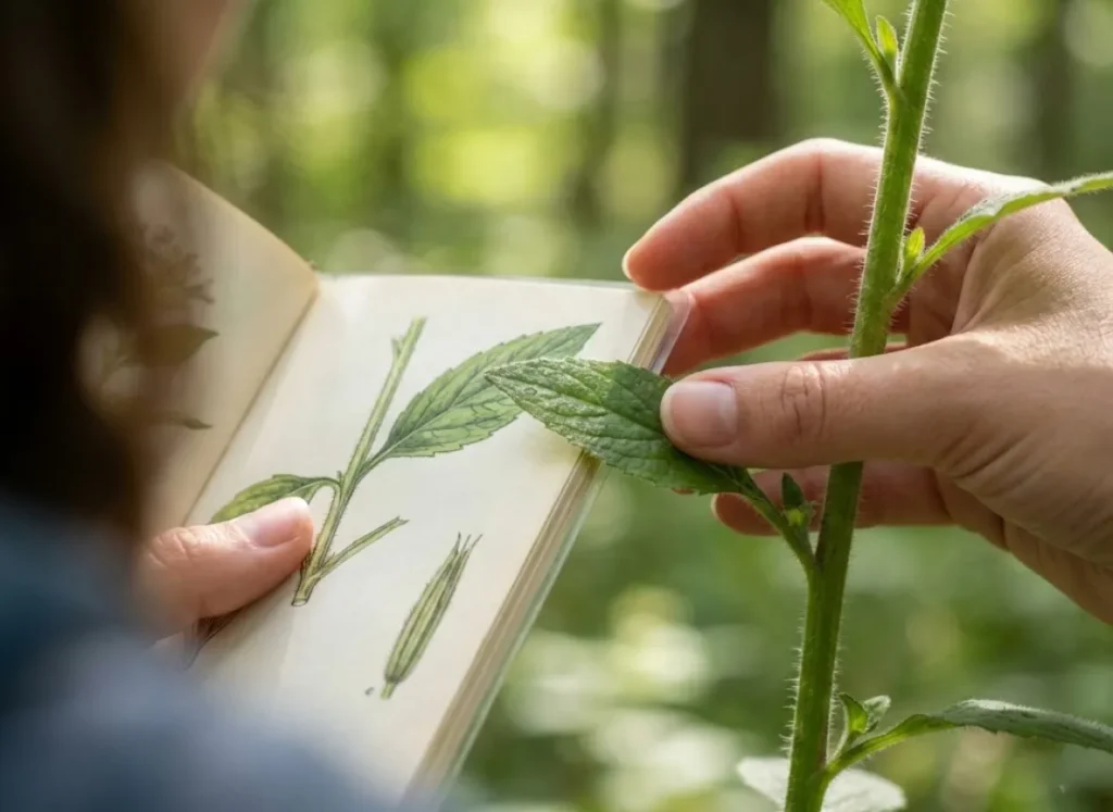 Close-up of a hiker comparing a wild plant stem to a botanical illustration in a field guide.