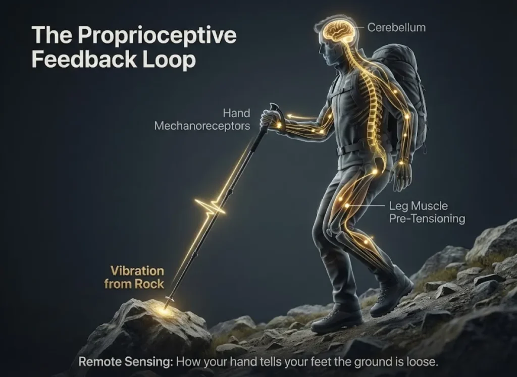 A stunning infographic illustration showing a translucent hiker using trekking poles. A glowing neural network highlights the signal path from the rock at the pole tip, up to the brain, and down to the leg muscles. Labels indicate the flow of proprioceptive data.