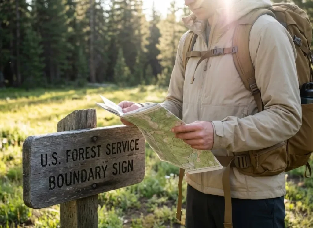 A hiker checks a topographic map next to a weathered National Forest boundary sign.