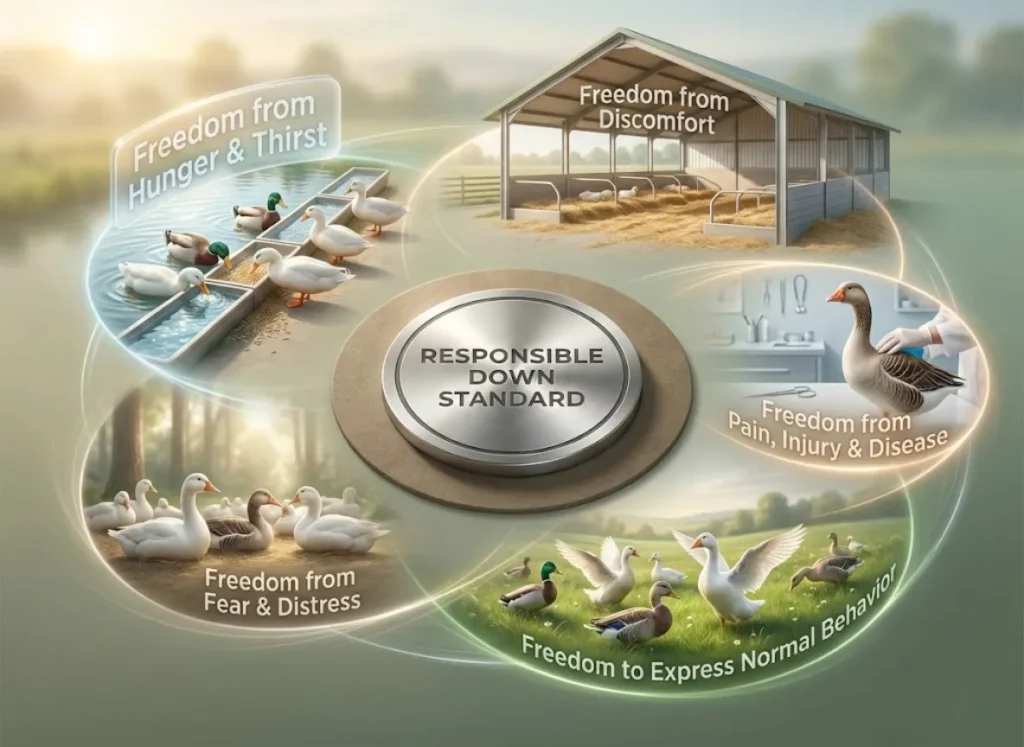 A detailed infographic illustrating the Five Freedoms of animal welfare under the Responsible Down Standard (RDS), featuring five illustrated sections showing waterfowl in healthy conditions, each labeled with a specific freedom like "Freedom from Pain & Injury" and "Freedom from Hunger & Thirst."