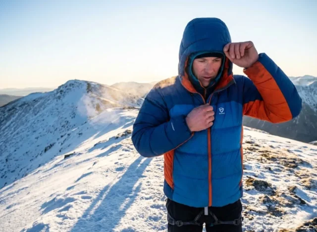 responsible-down-standard-hiker-guide An alpinist in a thick down jacket battles freezing winds on a high mountain ridge at sunrise.