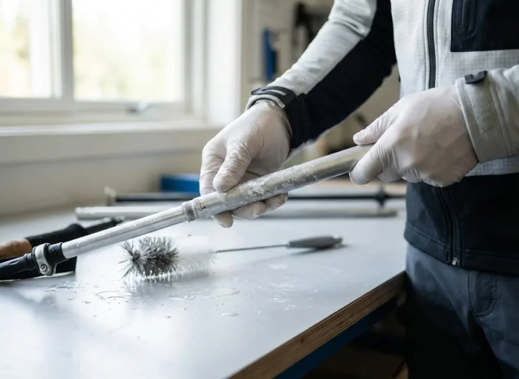 Hands cleaning white oxidation from the disassembled joint of an aluminum trekking pole.