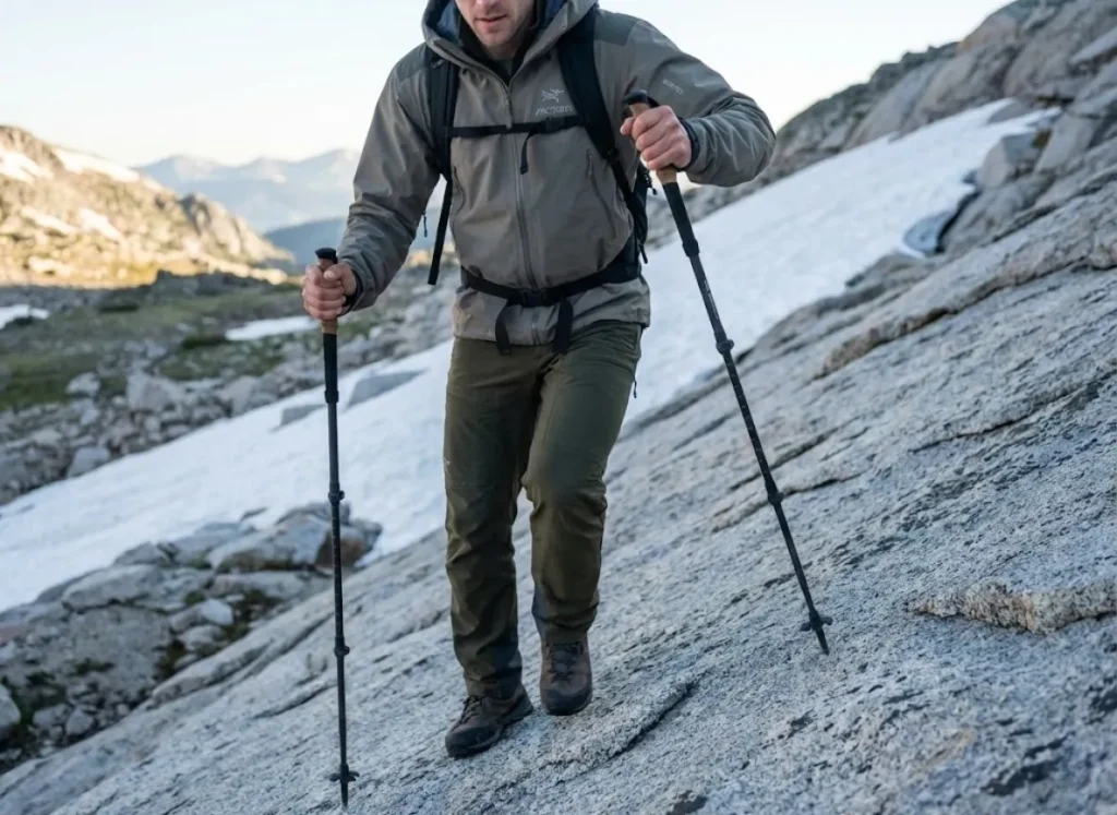 Low angle shot of a hiker descending granite, planting a carbon fiber trekking pole with precision, wearing premium Arc'teryx gear under alpine sunlight.