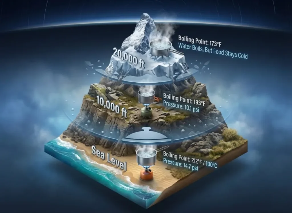A vertical, stylized infographic illustrating the science of boiling point decay. The image shows a mountain ascent with cooking pots at three different elevations—Sea Level, 10,000 ft, and 20,000 ft—displaying the corresponding drop in boiling temperature and atmospheric pressure.