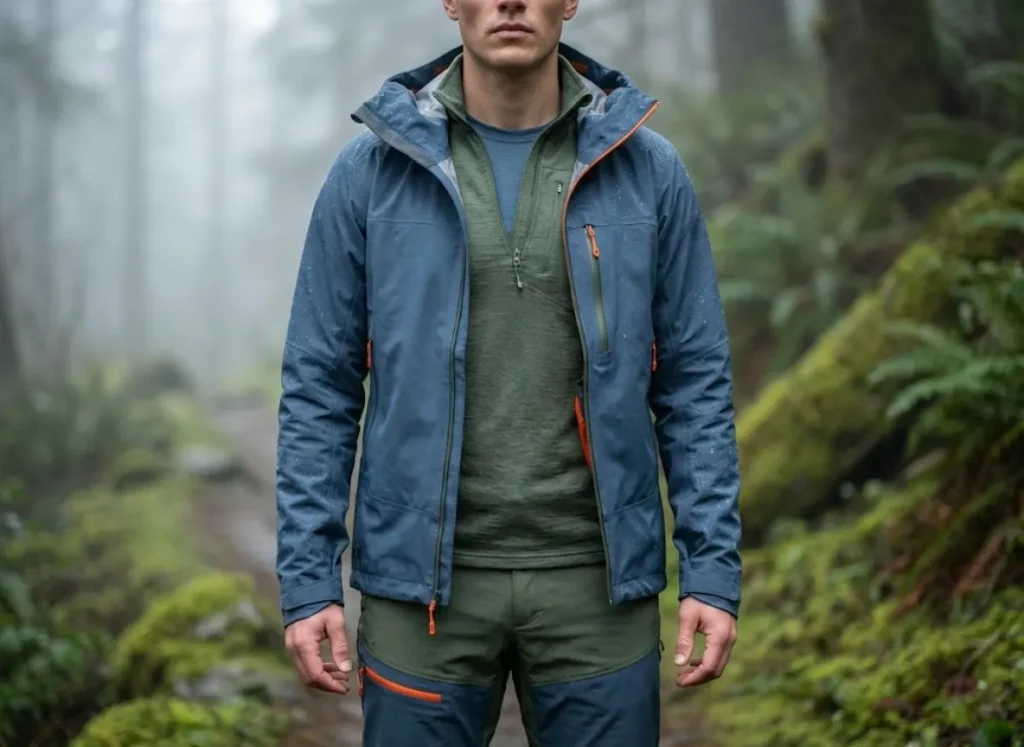 A professional hiker wearing Arc'teryx and Smartwool layers in a misty, cold rainforest, showcasing the texture of merino wool and water-resistant technical fabrics.