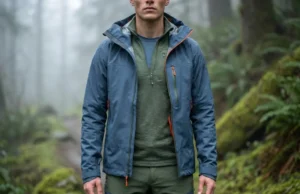 Survival Physics: Thermal Conductivity of Wet Cotton & Wool A professional hiker wearing Arc'teryx and Smartwool layers in a misty, cold rainforest, showcasing the texture of merino wool and water-resistant technical fabrics.