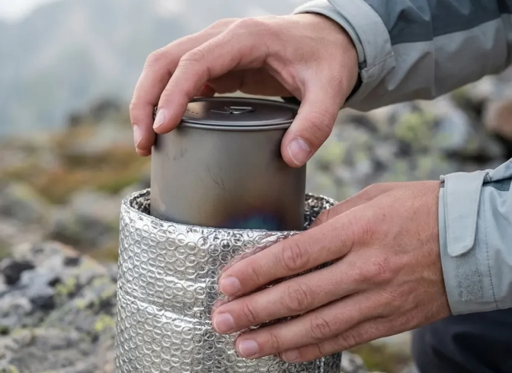 Close-up of a hiker's hands placing a hot titanium pot into a silver insulated food cozy to demonstrate passive cooking techniques.