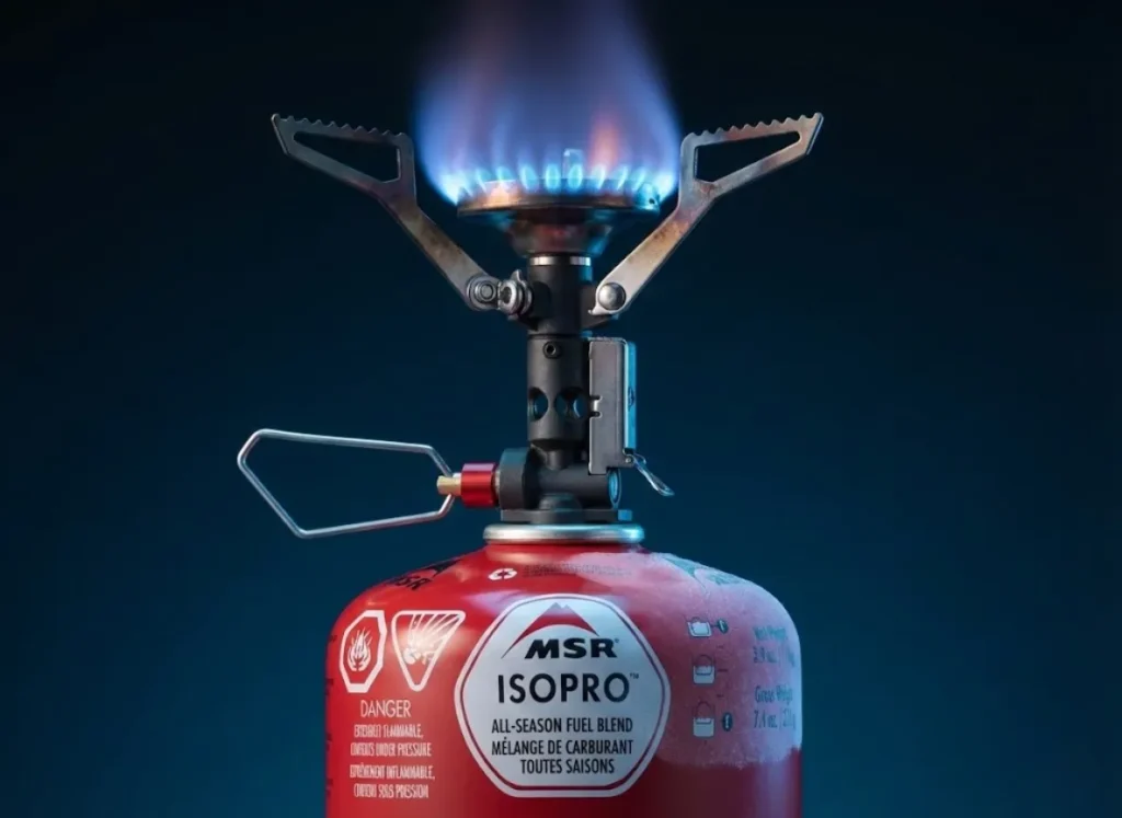 Macro photography of an MSR IsoPro fuel canister with frost forming on the side, connected to a lit stove with a blue flame, set against a dark background.