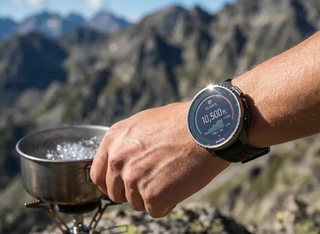 Close-up of a hiker's clean wrist wearing a Suunto Vertical watch displaying high altitude, with a boiling pot of water blurred in the background.