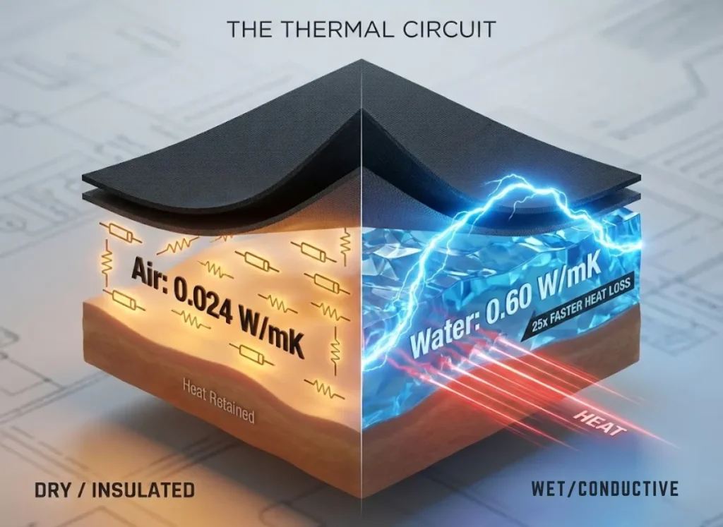 A conceptual 3D infographic illustrating thermal conductivity differences between air and water. The visual uses a "thermal circuit" metaphor, depicting dry air as a glowing resistor preserving body heat, and water as a conductive bridge causing a short circuit and rapid heat loss.