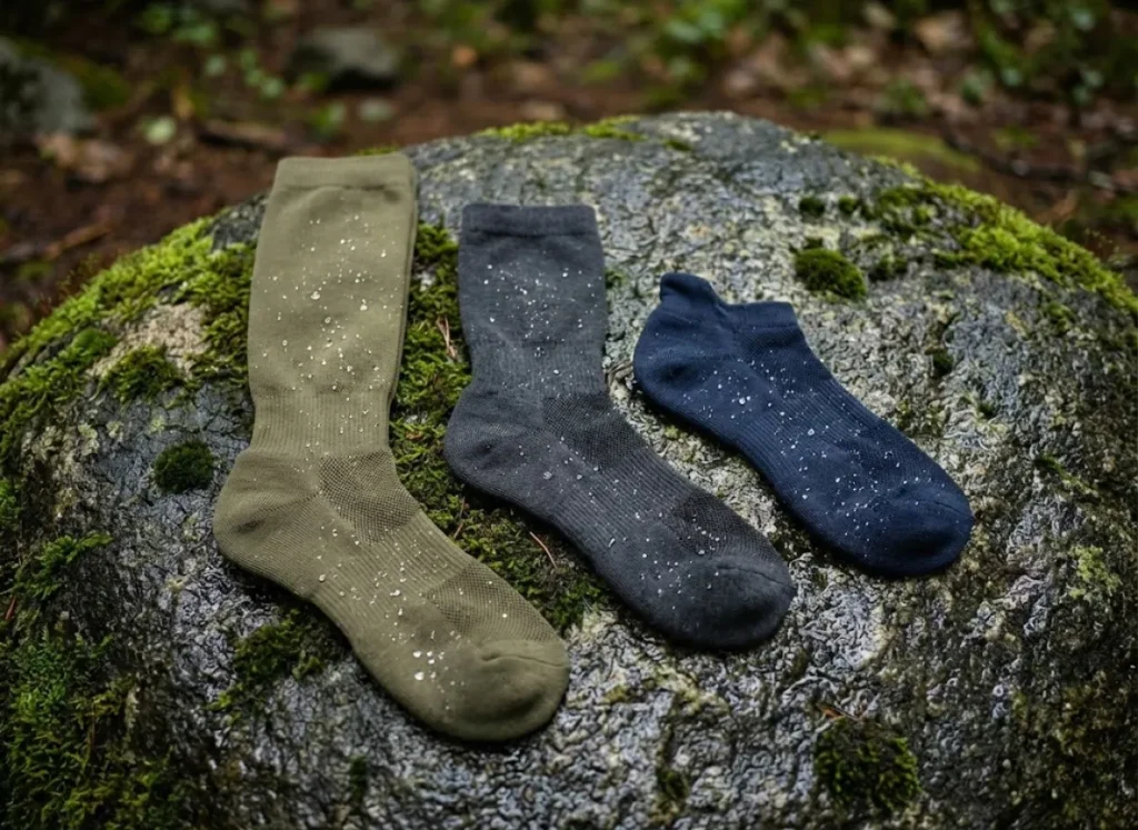 Three pairs of waterproof hiking socks laid out on a wet, mossy rock in a forest setting, showing water beading on the surface.