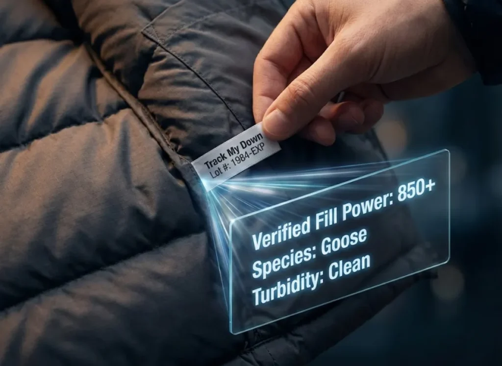 A split-composition editorial illustration. On the left, a macro view of a down jacket hangtag being held, displaying a lot number. On the right, a futuristic holographic interface projects from the tag, displaying verified lab results like fill power and cleanliness metrics.