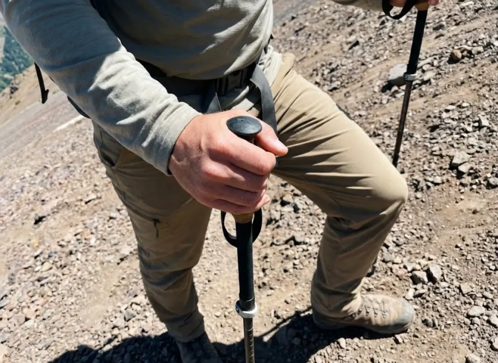 A hiker putting significant weight on a trekking pole while descending a steep, rocky trail, highlighting the stress on the locking mechanism.