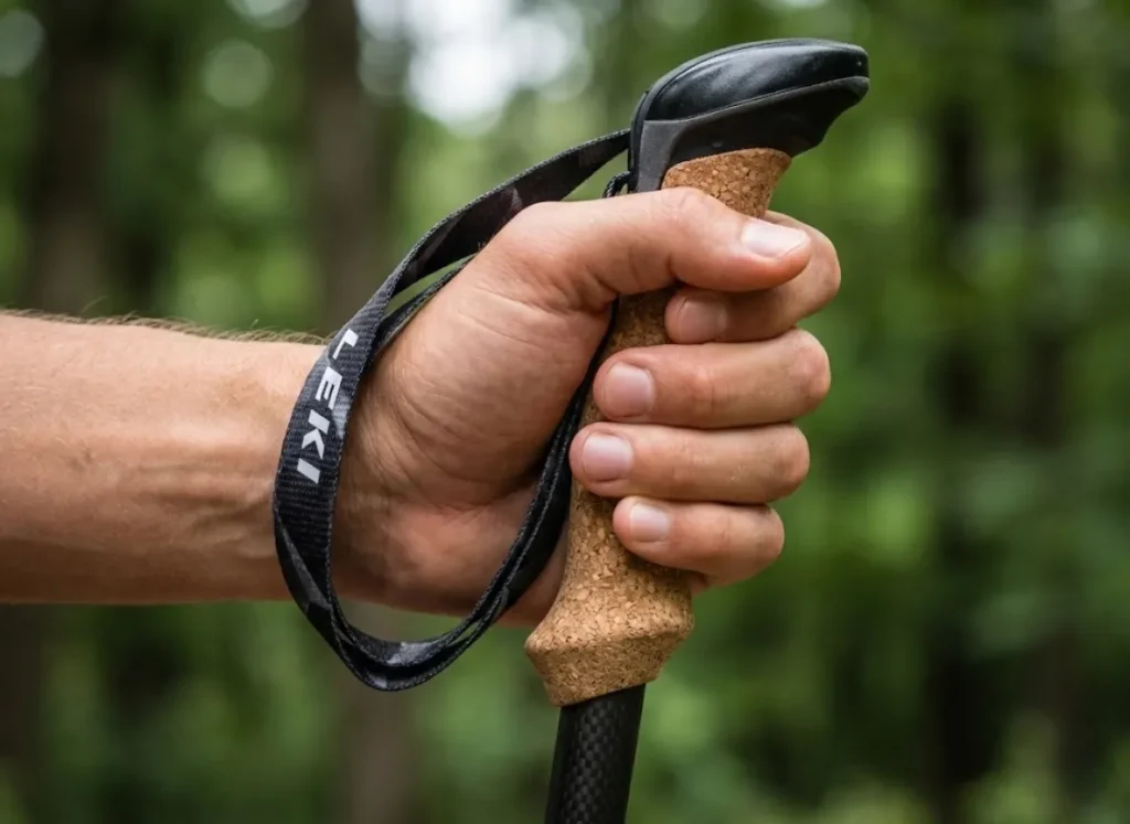 Close-up macro photography of a clean hand gripping a cork trekking pole handle, highlighting the texture of the cork and the connection between hand and tool.